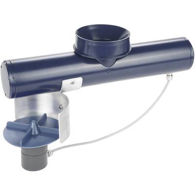 Blue rain gauge with paddlewheel and collection channel, for measuring precipitation volumes.