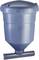 A blue, cylindrical feed silo with a rounded lid and dispensing pipe at the bottom, suitable for storing animal feed.