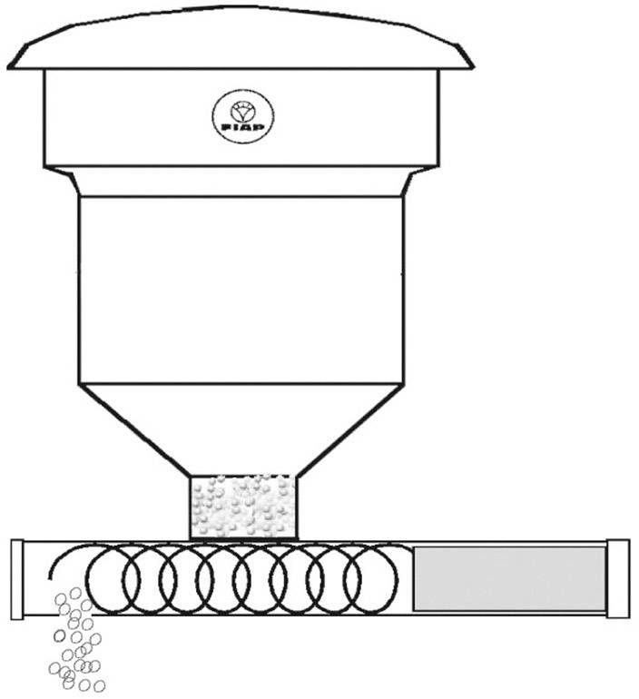 Drawing of a container discharging granulate onto a conveyor belt. The conveyor belt then transports the granulate further to the left.