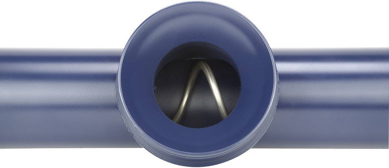 'Close-up of a blue cylinder with a central opening, from which a metallic object protrudes.'
