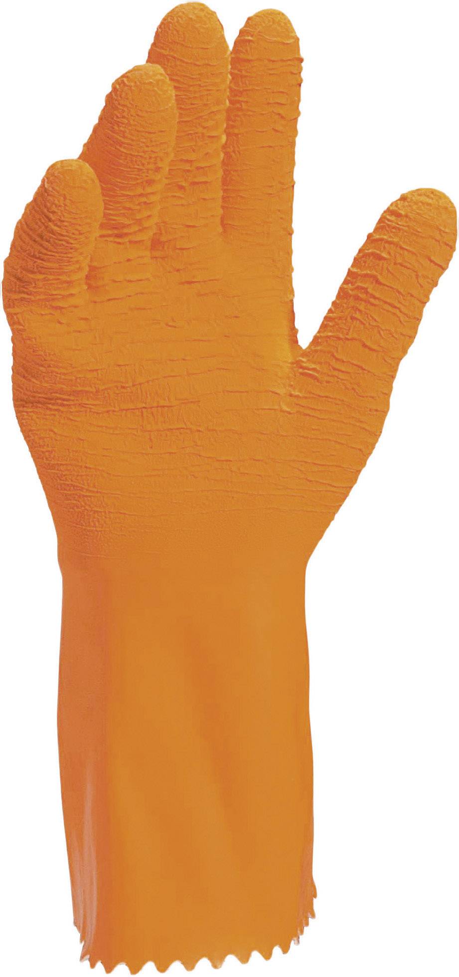 An orange rubber glove pointing upwards, with a textured surface for better grip.