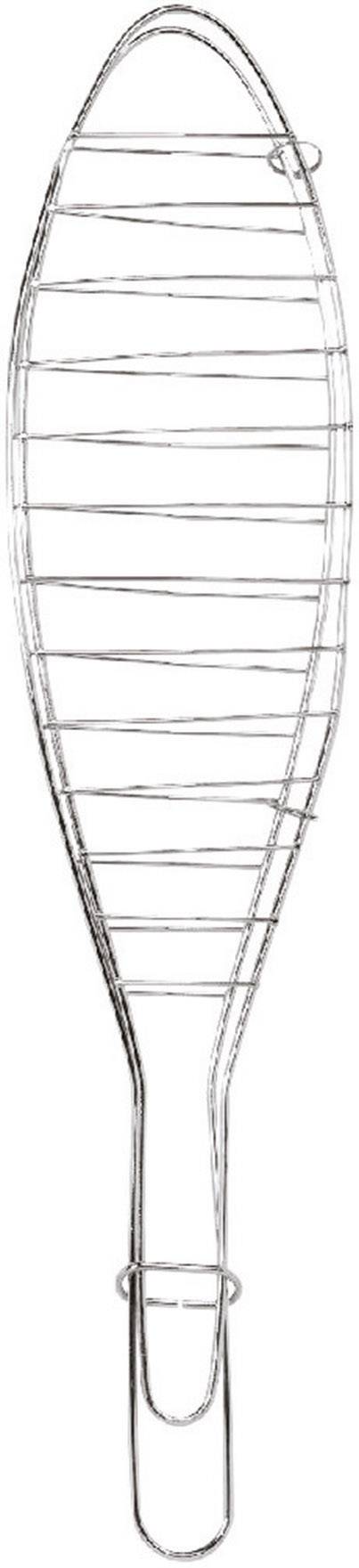 A metal fish grill basket, oblong in shape, with a handle. This is used for safely grilling fish on a barbecue grill.