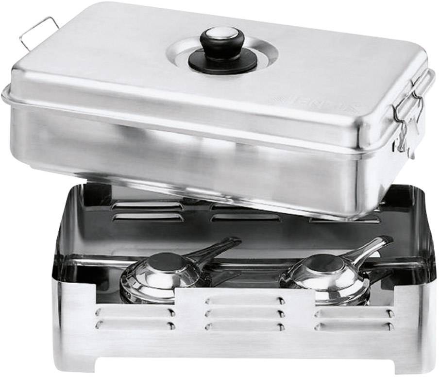 Rectangular stainless steel smoker box with a lid and black handle. Underneath are two trays and a burner for operation.
