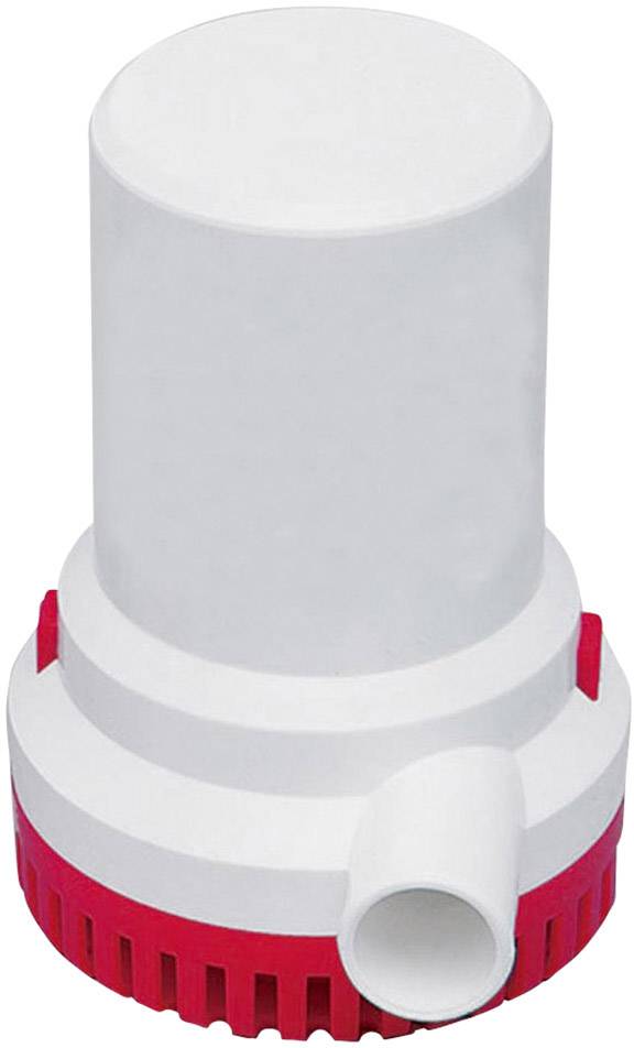 Small, white water pump with a red base and side outlet pipe, against a white background.