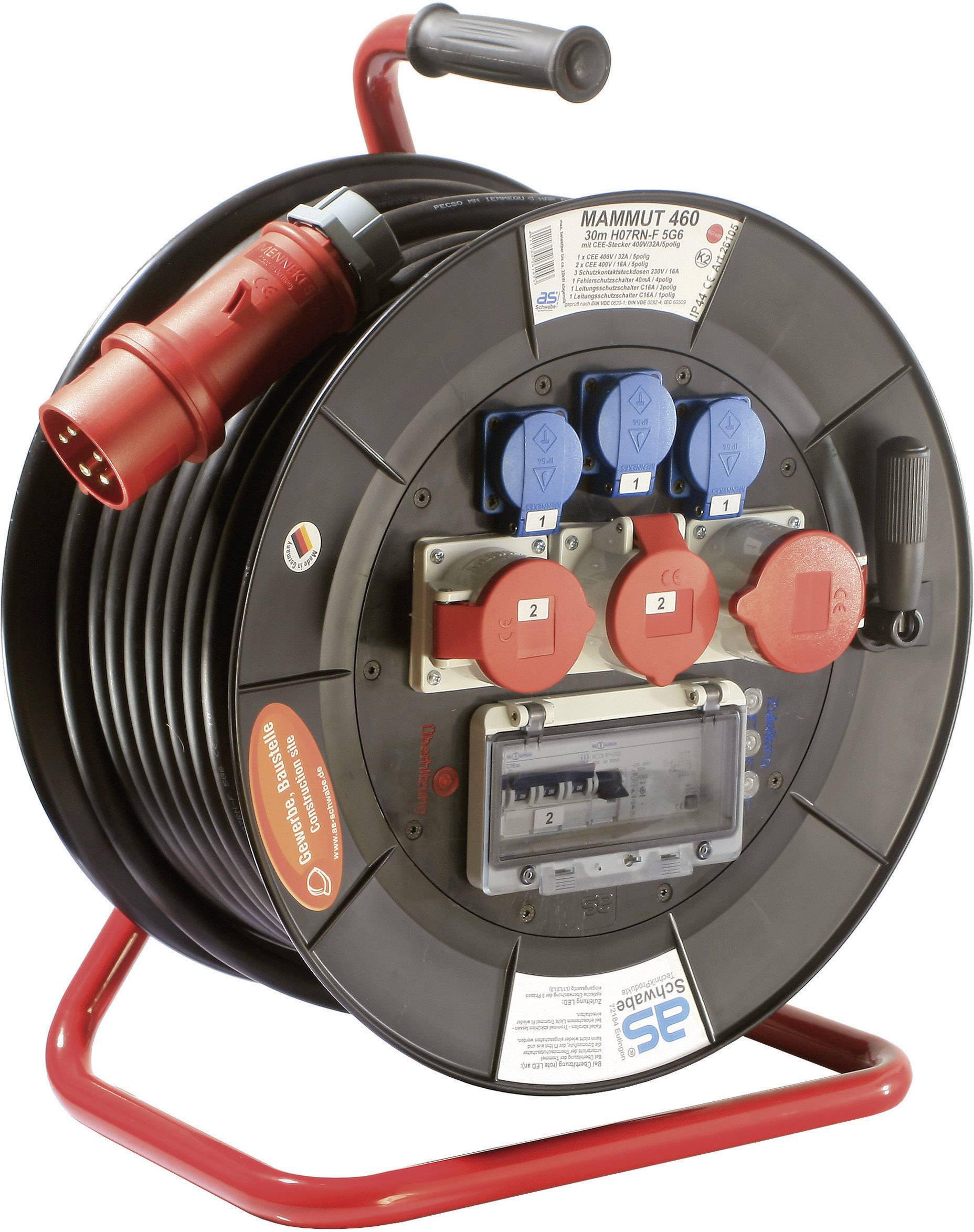 A black, round extension lead with multiple sockets and a red plug, mounted on a red metal stand.