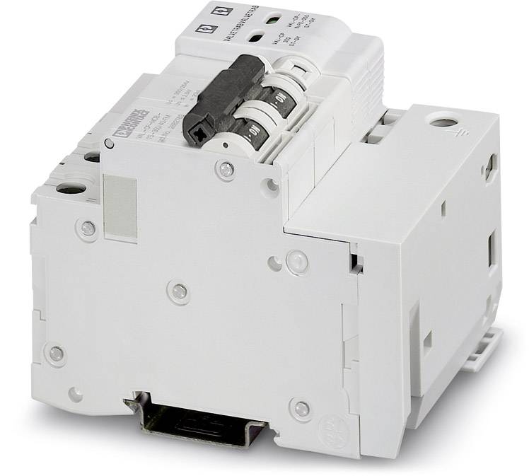 A white performance protection switch with two terminals and a switch, used for electrical overcurrent protection in distribution boards.