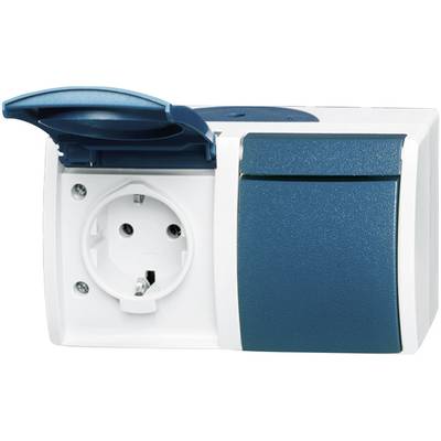 A white triple socket outlet, with the left socket open and visible, and two closed blue covers on the right.