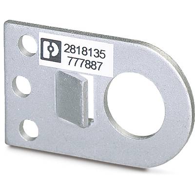 Metallic flange plate with two numbered labels '2818135' and '777887', three small holes and one large round cutout.