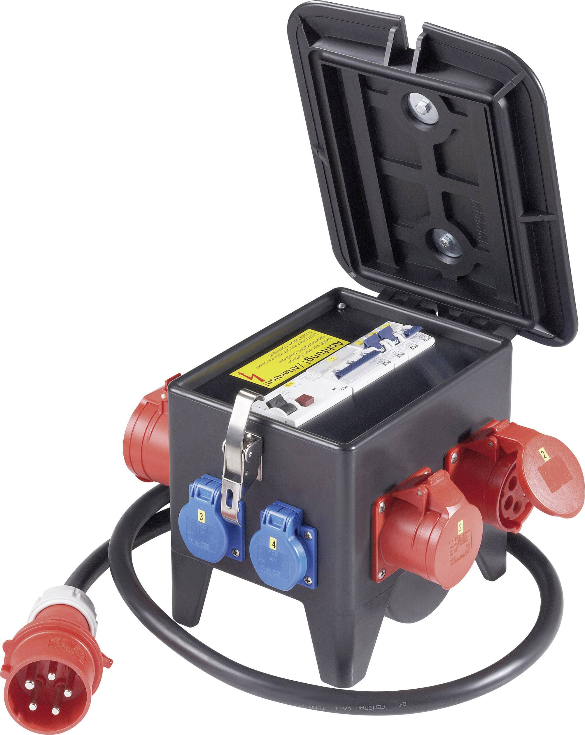 A mobile electrical distribution box with multiple blue and red sockets and an open lid reveals the fuses inside.