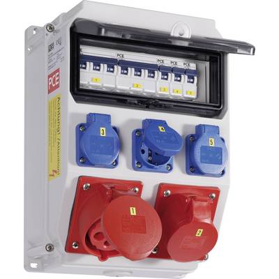 An electrical cabinet with five circuit breakers at the top and several blue and red sockets underneath, numbered from 1 to 5.
