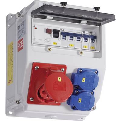 A white electrical distribution box with four sockets and four switches is visible. One red and two blue sockets.
