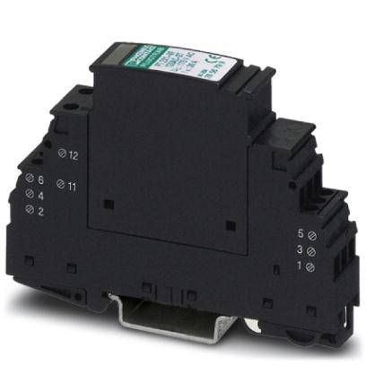 A black electronic transformer for DIN rail mounting with labelling and connection terminals on the sides.