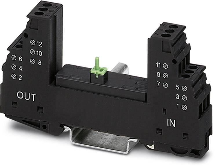 'Black socket for relay with IN and OUT labels, mounted on DIN rail.'