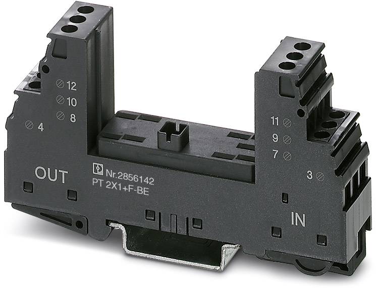 'A DIN rail socket for relays with side labelling and connection terminals, marked with "IN" and "OUT".'