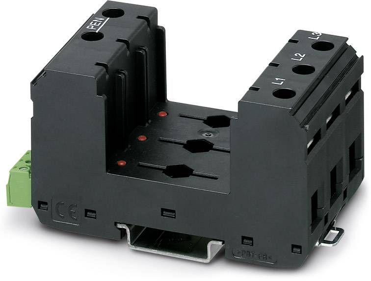 Black electrical junction box with multiple cable entries and a green terminal on the side, mounted on a metal bracket.