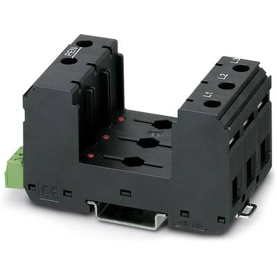 Black electrical junction box with multiple cable entries and a green terminal on the side, mounted on a metal bracket.