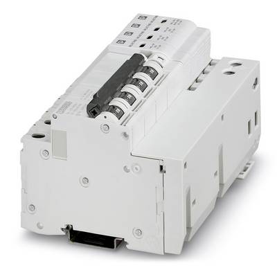 'A large, white consumer unit with multiple switches and terminals, used for protecting electrical circuits.'