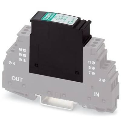 Illustrated is a protective module for electrical installations with a black housing and connection terminals, marked with 'OUT' and 'IN'.