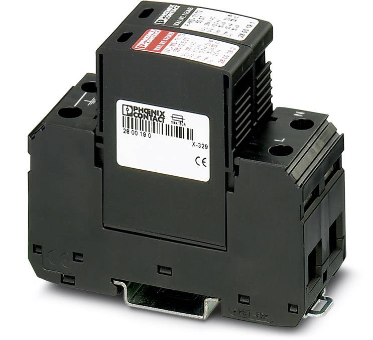 Black electrical circuit breaker from Phoenix Contact with 'Phoenix Contact' label, showing technical specifications on the label.
