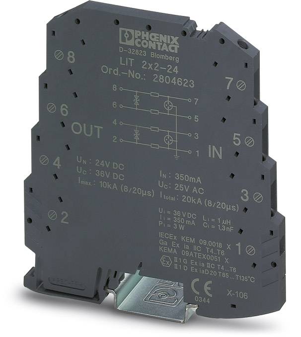 Black electronic device from Phoenix Contact with labels for inputs and outputs, technical specifications, and circuit diagram.