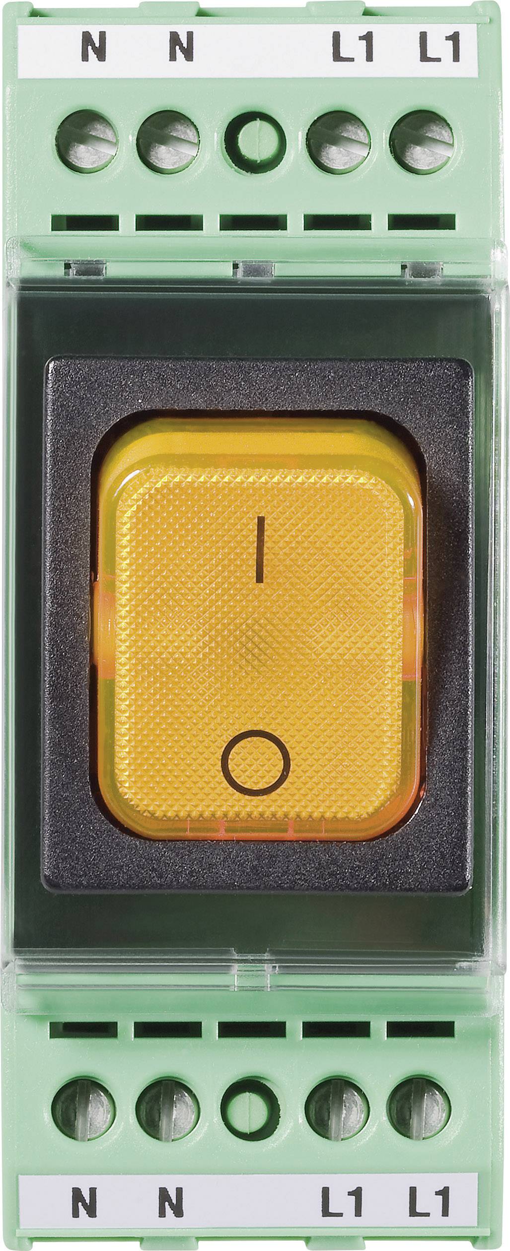 A yellow toggle switch that can be switched on and off, mounted in a green housing with connections at the top and bottom.