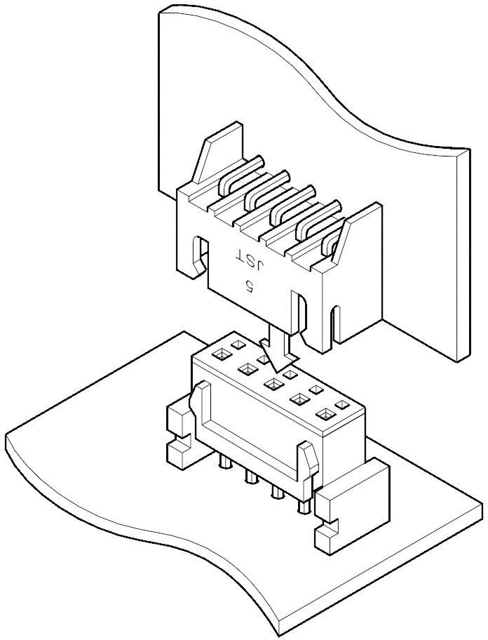 Drawing of a connector being inserted into a socket, showing the plug mechanism with an arrow indicating the direction.