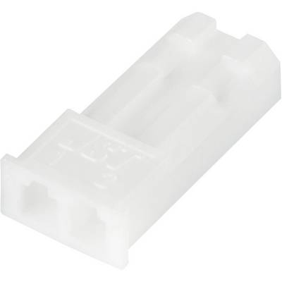 A white plastic plug with two openings, possibly an electrical connector, is lying on a white surface.