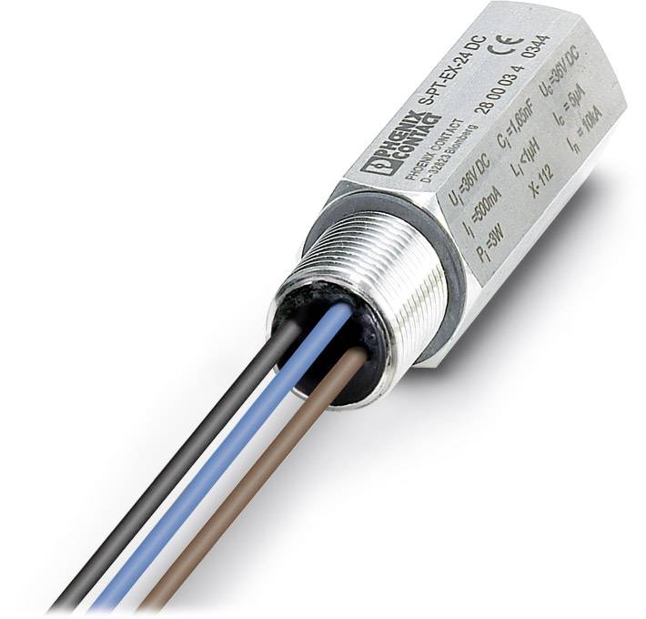 A cylindrical electrical sensor with multiple connection cables. The sensor has labels with technical details on its surface.