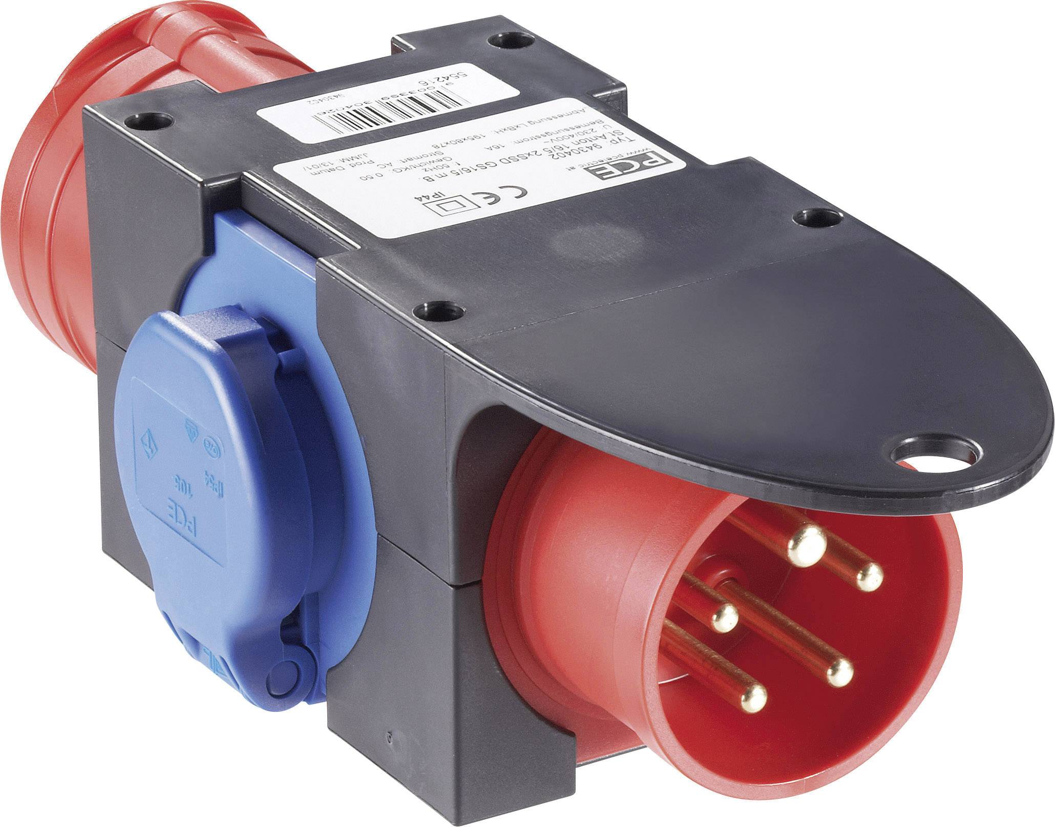 'Device plugs in red and blue with multiple metal pins for electronic connection, suitable for industrial applications.'