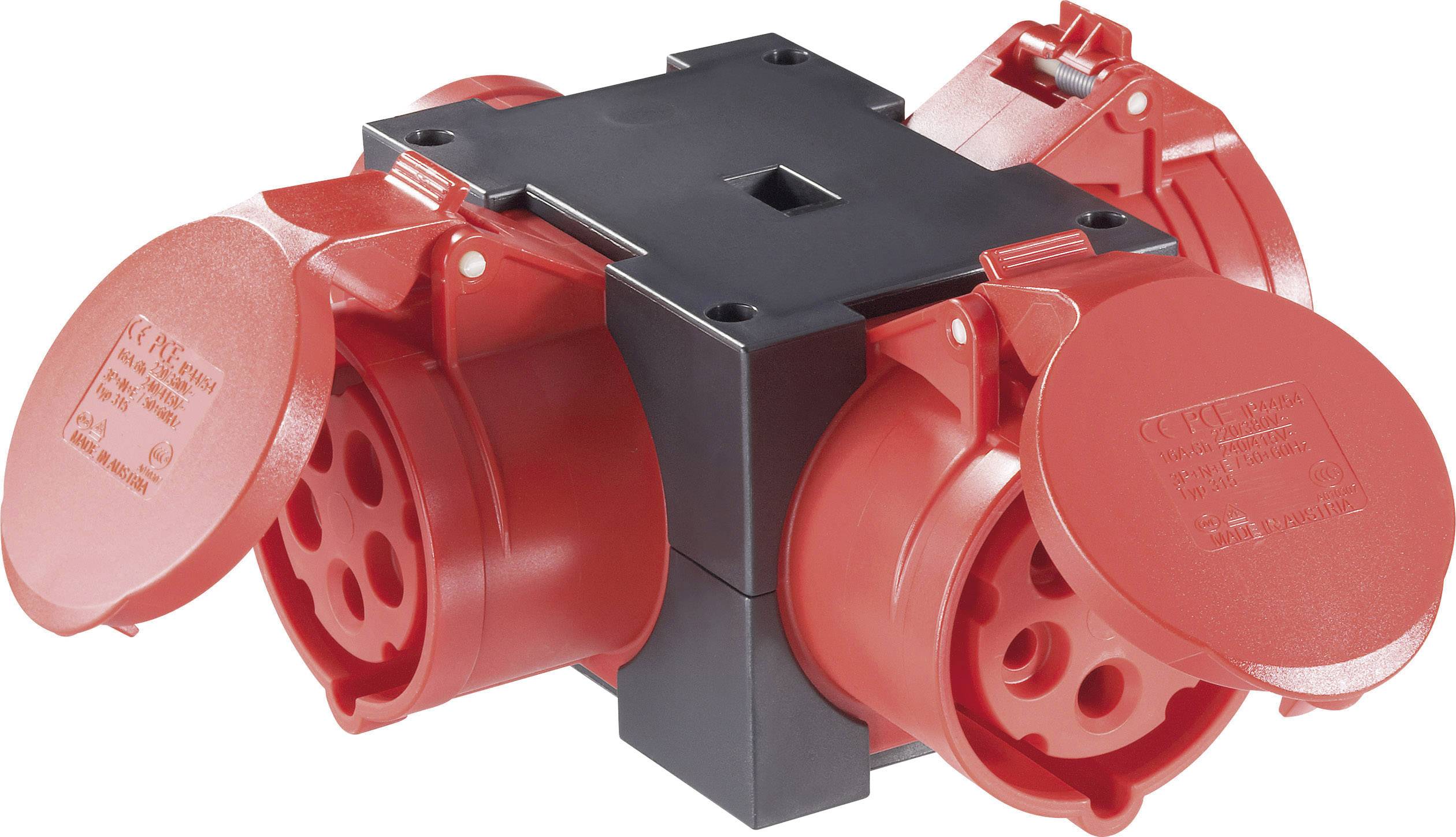 Red CEE plug with black elements, suitable for high-current applications. Features multiple connection options.