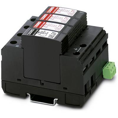 Surge protection device with four modules in a black plastic housing, green connection on the side, for protecting electrical systems.
