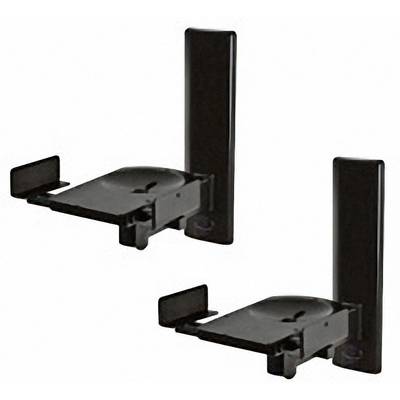 Two black speaker mounting brackets for wall mounting, horizontal orientation possible. Suitable for small speakers.