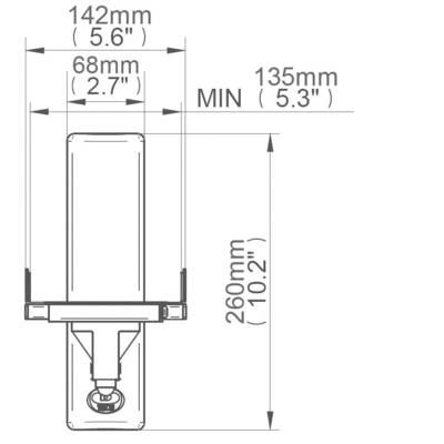A technical diagram shows the dimensions of a device. Width: 142 mm, Depth: 68 mm, Height: 260 mm. Minimum installation height: 135 mm.