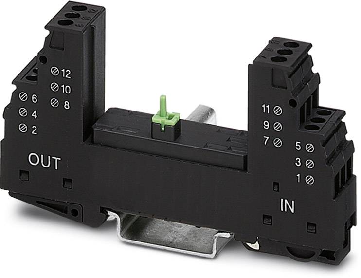 Black relay terminal with numerical labelling and a green lever in the centre, marked with 'IN' and 'OUT' on the sides.