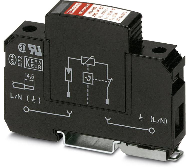 Black surge protection device with technical symbols and connections, showing the protective circuit.