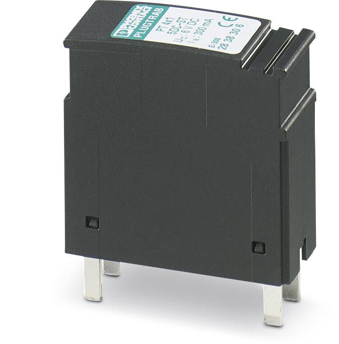 Black electronic component with two metal terminals at the bottom, and a label with technical specifications on top.