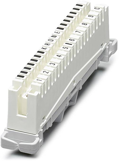 A white telecommunications distribution panel with numbered slots from 1 to 10 and letters from A to F.