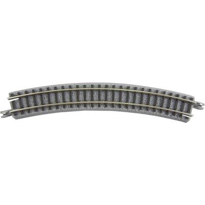 A curved model railway track made of plastic with two parallel rails, which could be part of a larger track network.