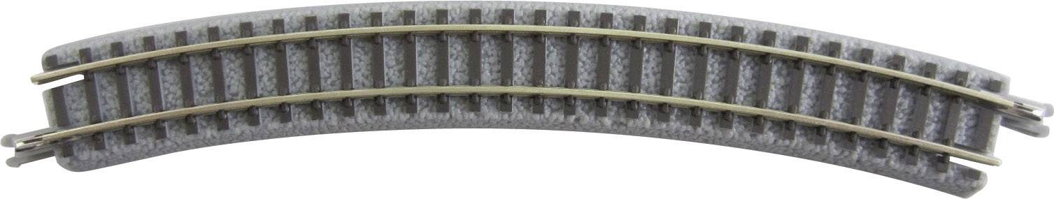 A curved piece of model railway track with a grey ballast bed and two metal rails.
