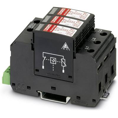 Surge protection device with three socket outlets, marked with 'PE/N', 'L1', 'L2', 'L3'. Circuit diagram and test symbol visible on the front, mountable on DIN rails.