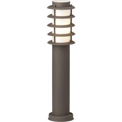 A modern, brown outdoor light with a cylindrical design and horizontal metal rings that evenly diffuse the light.