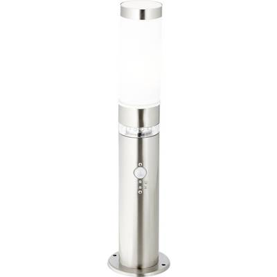 A silver outdoor standing lamp with a cylindrical design and frosted glass. The base has a motion sensor.