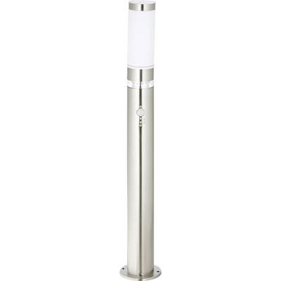 A sleek, cylindrical stainless steel lamp with a transparent upper section, potentially for outdoor lighting.