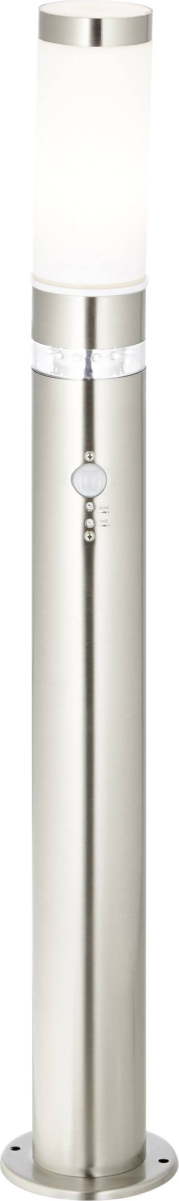 A modern, silver outdoor light in a cylindrical shape with a motion sensor.