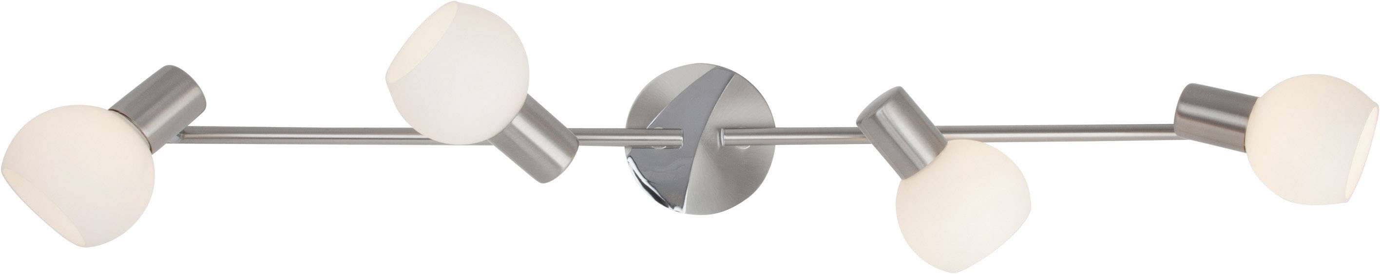 Four-burner ceiling light in brushed metal and white glass design, suitable for modern living spaces.