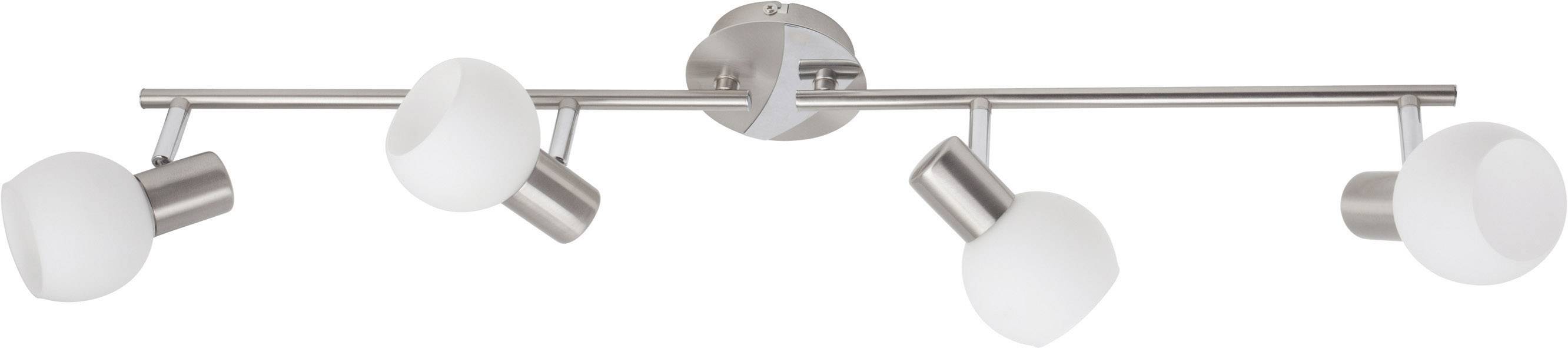 Ceiling light with four adjustable, spherical glass shades in a matte finish, mounted on a silver metal track.