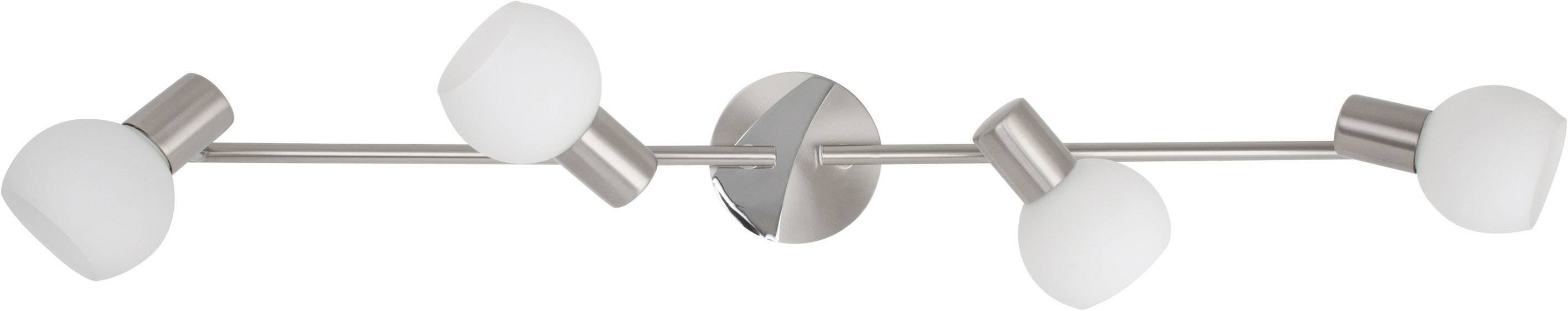 Modern, four-armed ceiling light with brushed stainless steel elements and white lampshades, arranged symmetrically.