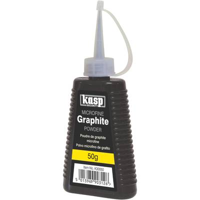 Black bottle with a thin spout and label: 'Kasp Security Microfine Graphite Powder'. Contents: 50g, Item number: K30050.