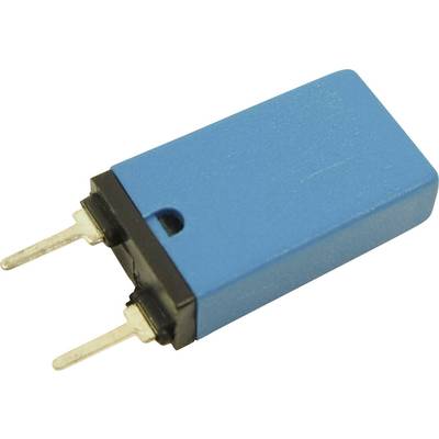 A blue electronic component with two metal pins, similar to a capacitor.