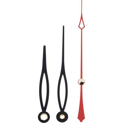 Three clock hands of different designs in black and red, positioned side by side against a white background, for use in wall clocks.